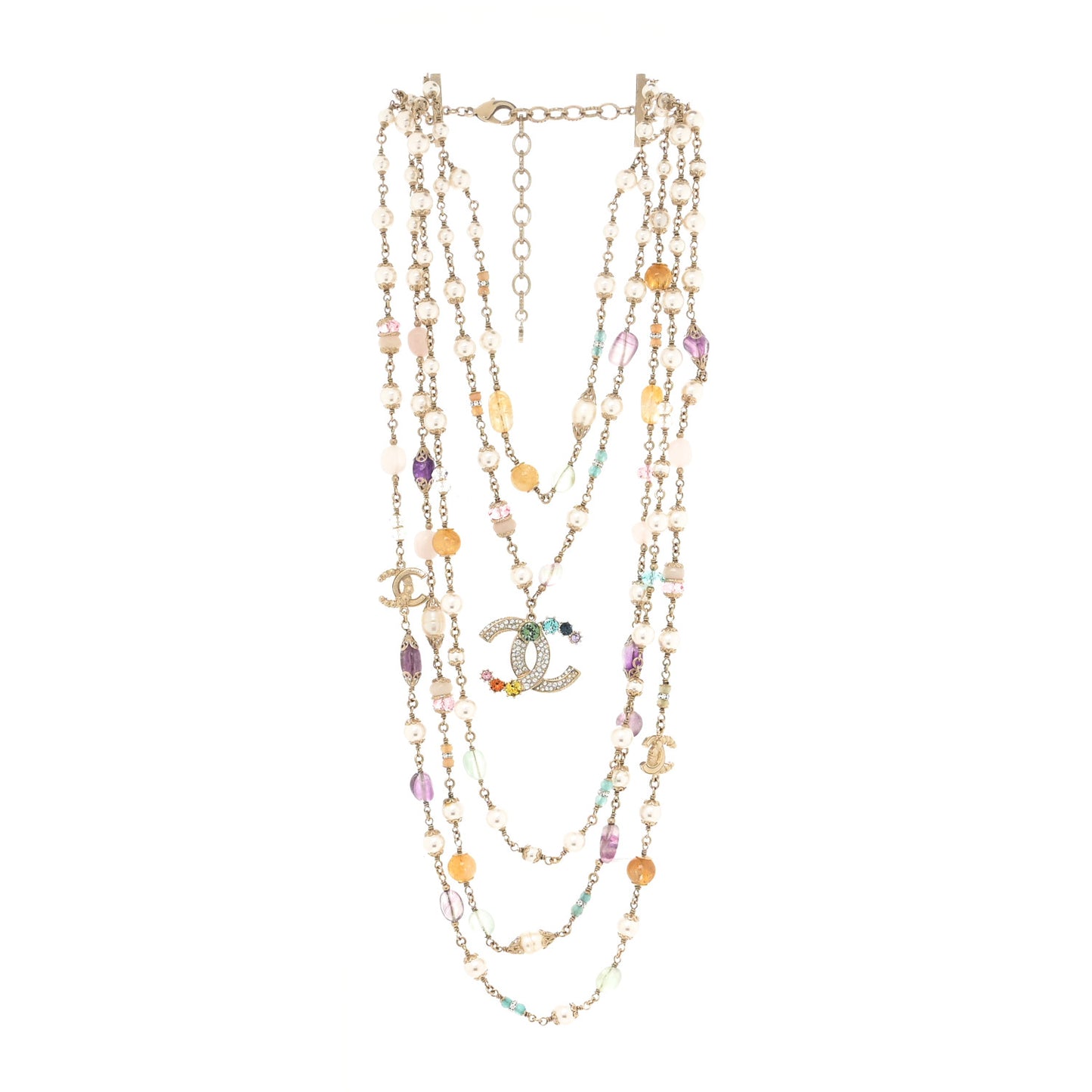 Pearl Crystal Over The Rainbow CC Multi Strand Necklace Gold Multicolor