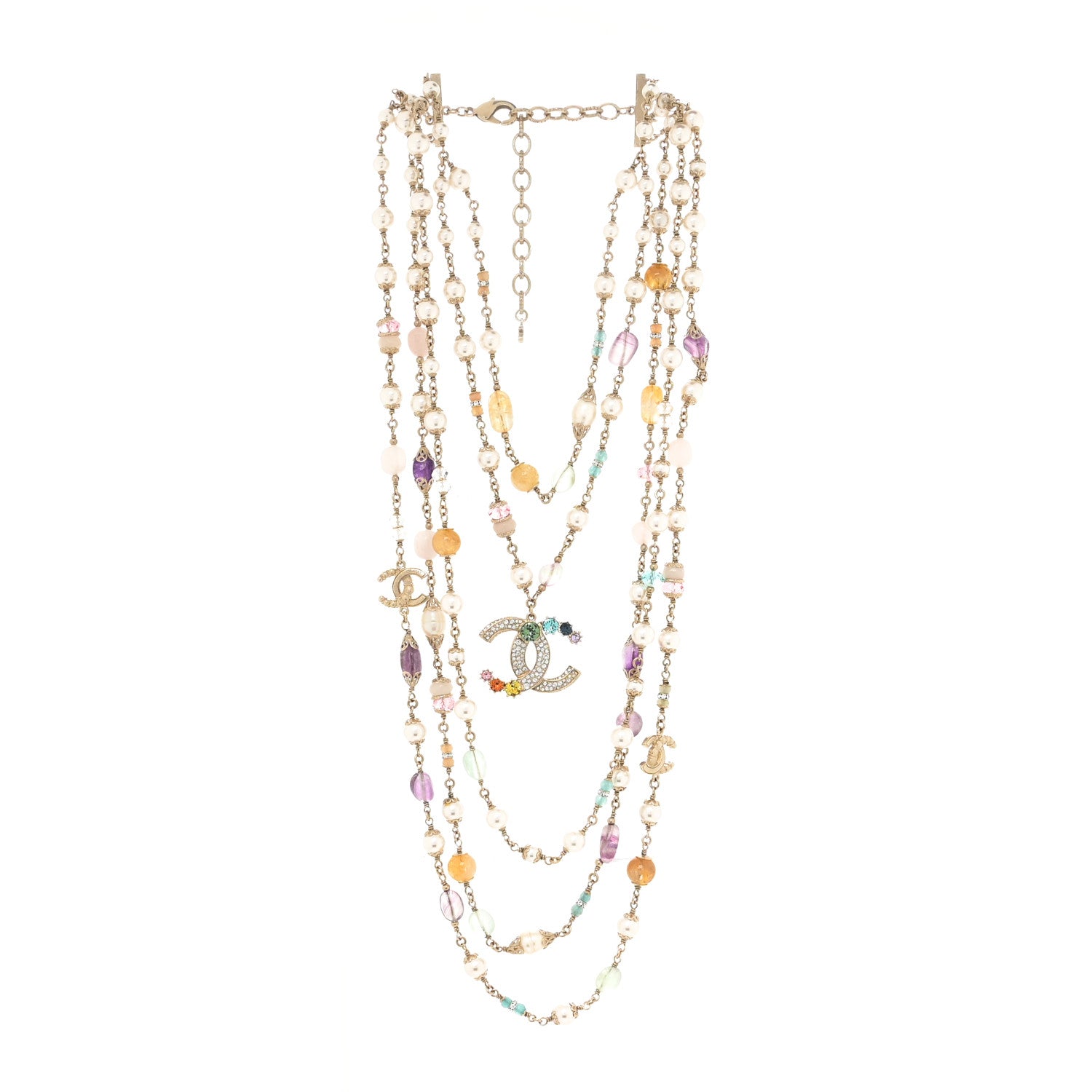 Chanel Pearl Crystal Over The Rainbow CC Multi Strand Necklace Gold Multicolor 2 of 3