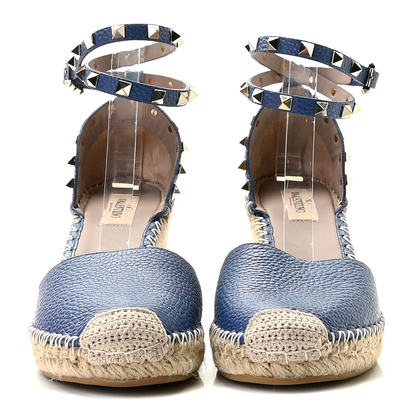Grained Calfskin Rockstud Ankle Wrap Espadrille 15/85mm Wedges 40 Baltique