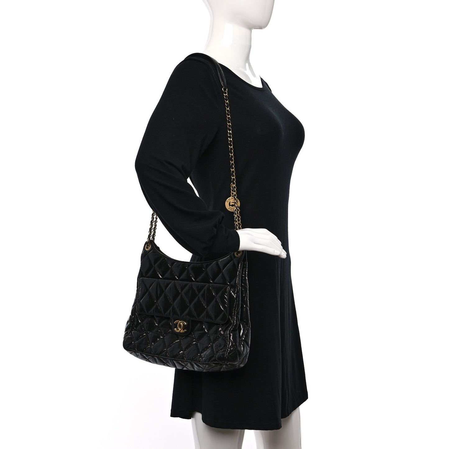 Shiny Crumpled Calfskin Quilted Large Wavy CC Hobo Black