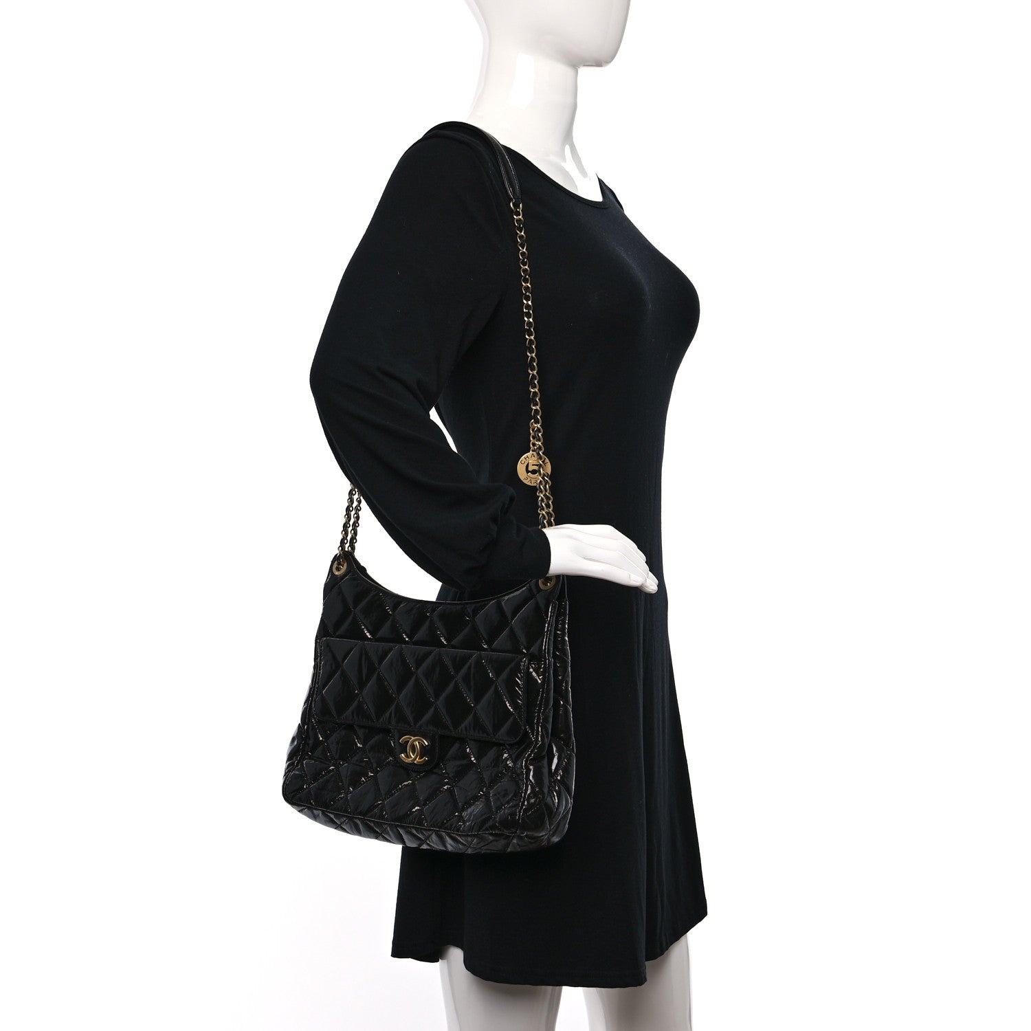 Chanel Shiny Crumpled Calfskin Quilted Large Wavy CC Hobo Black 2 of 11