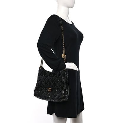 Chanel Shiny Crumpled Calfskin Quilted Large Wavy CC Hobo Black 2 of 11