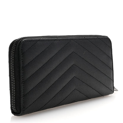Saint Laurent Grain De Poudre Matelasse Chevron Monogram Monochrome Zip Around Wallet Black 3 of 9