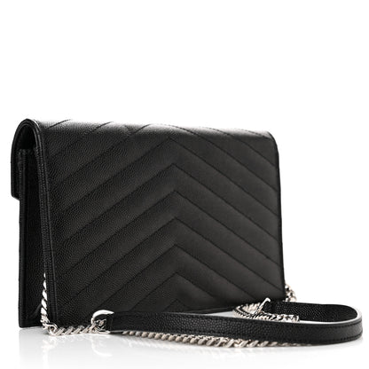 Saint Laurent Grain De Poudre Matelasse Chevron Monogram Envelope Chain Wallet Black 3 of 11