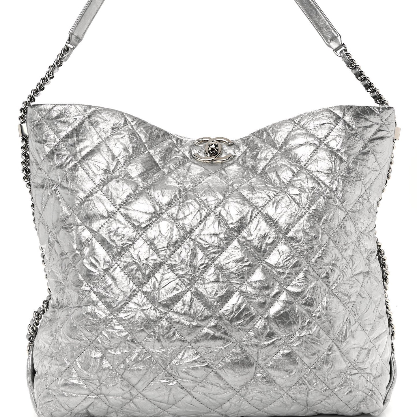 Metallic Crackled Calfskin Quilted Large Big Bang Hobo Silver