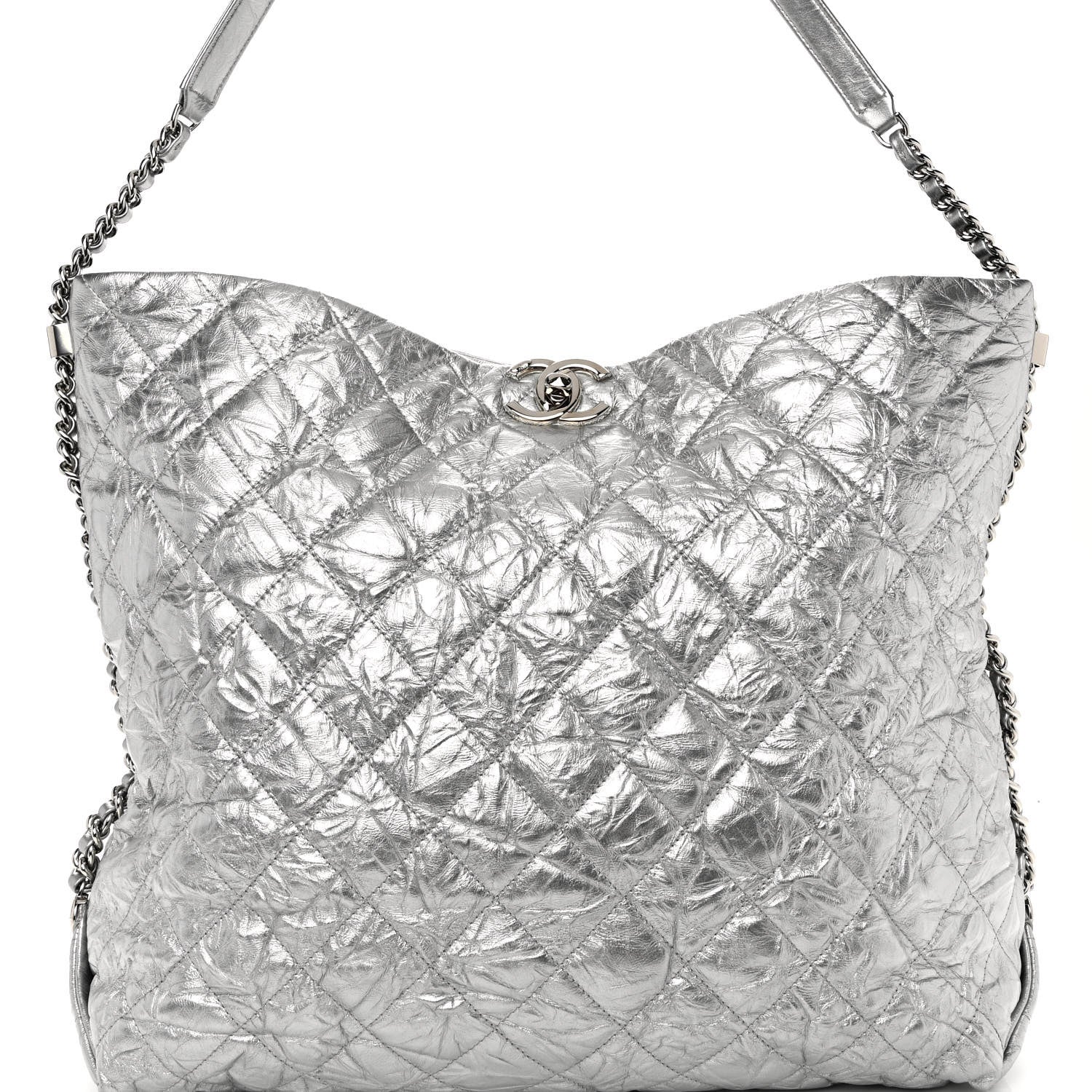 Chanel Metallic Crackled Calfskin Quilted Large Big Bang Hobo Silver 8 of 10
