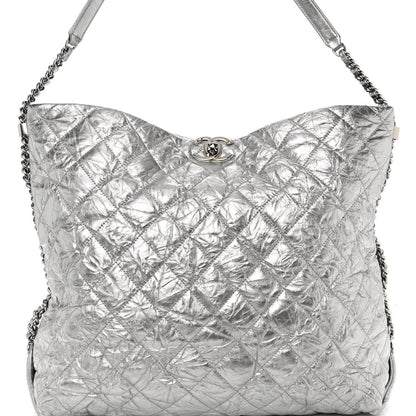 Chanel Metallic Crackled Calfskin Quilted Large Big Bang Hobo Silver 8 of 10