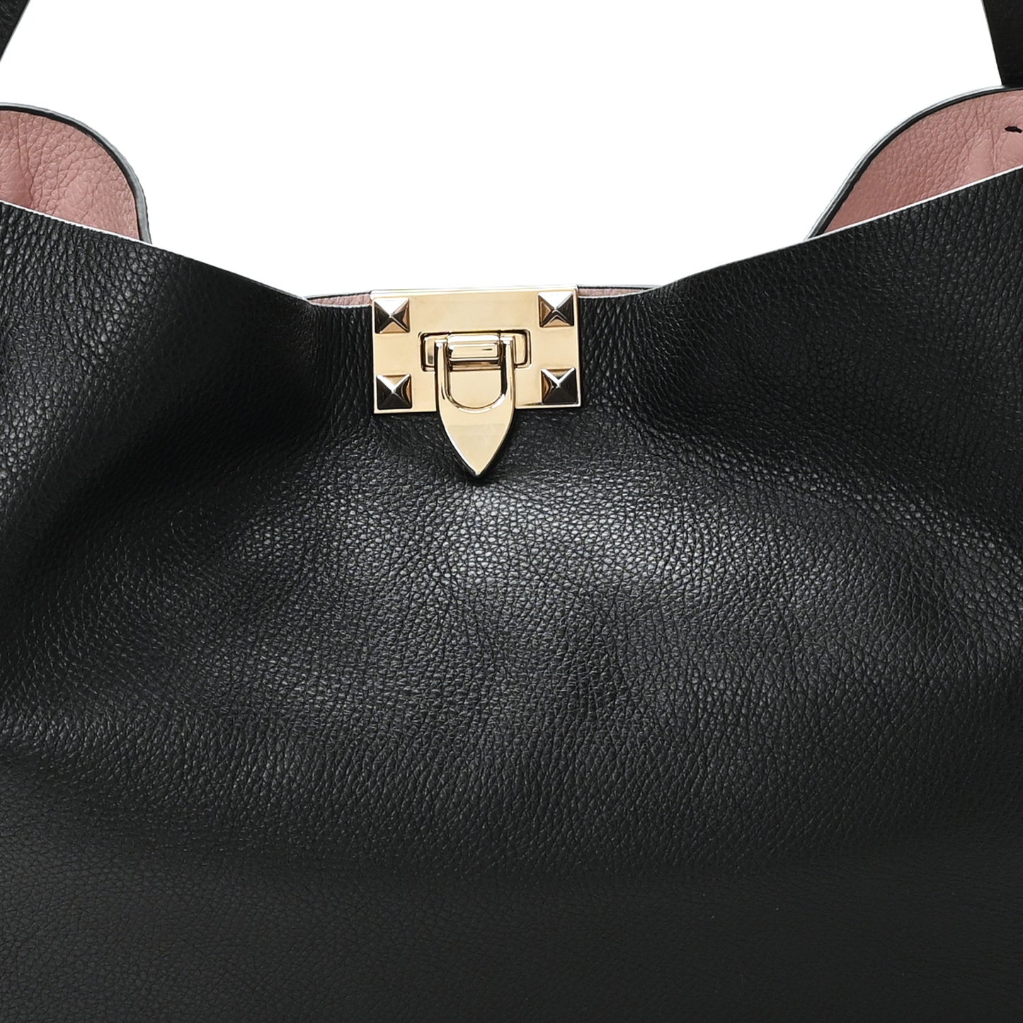 Grained Calfskin Small Rockstud Flip Lock Tote Black Rose Quartz