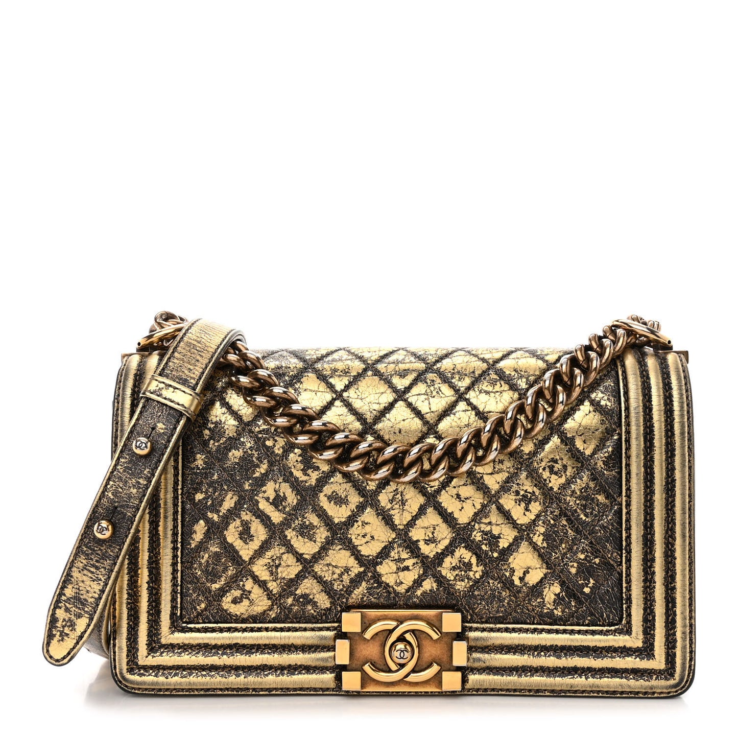 Cracked Metallic Calfskin Quilted Medium Boy Flap Gold