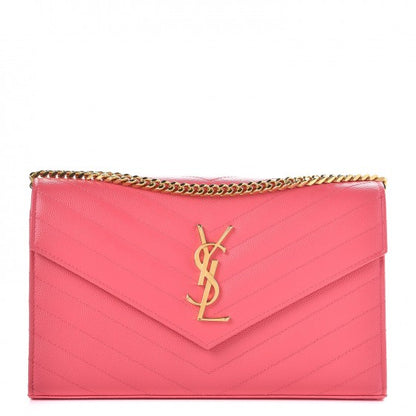 Saint Laurent Grain De Poudre Matelasse Chevron Monogram Chain Wallet Rose Clair 1 of 12