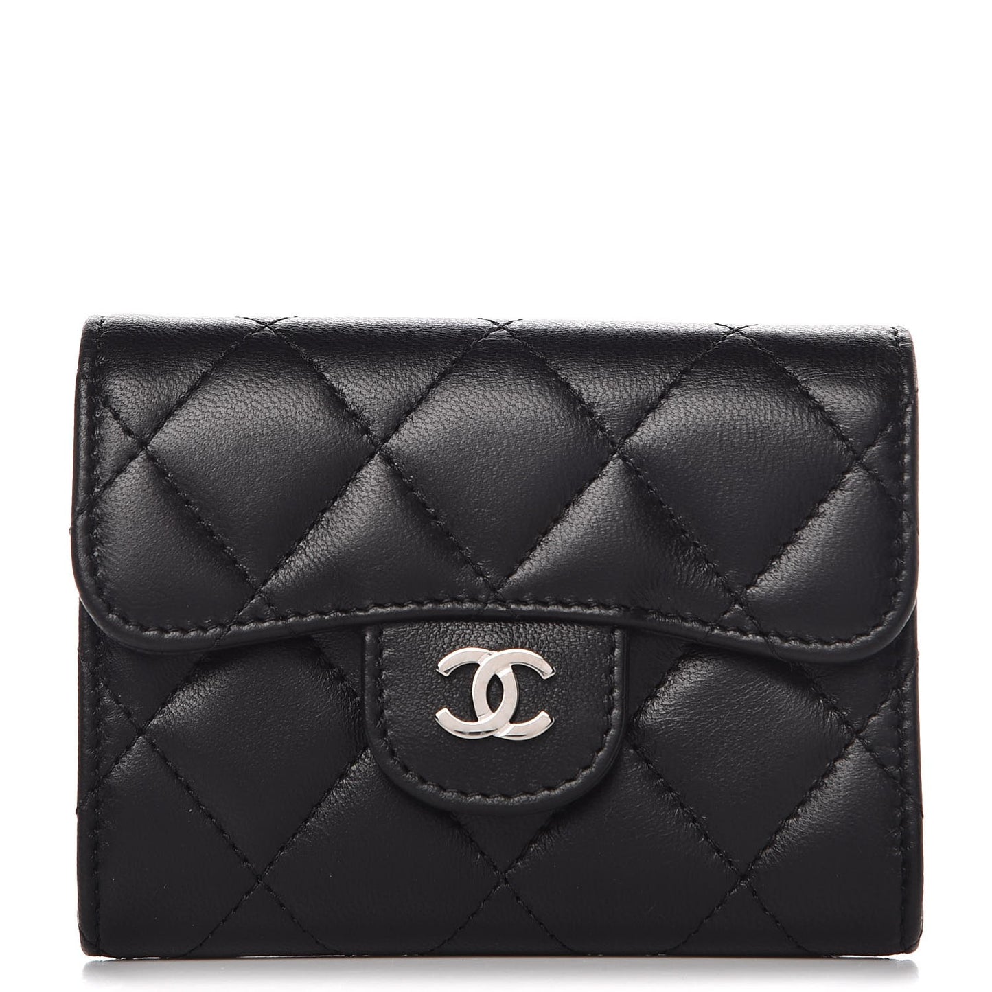 Lambskin Quilted Flap Card Holder Wallet Black