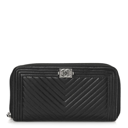 Chanel Calfskin Chevron Zip Around Boy Wallet Black 1 of 9