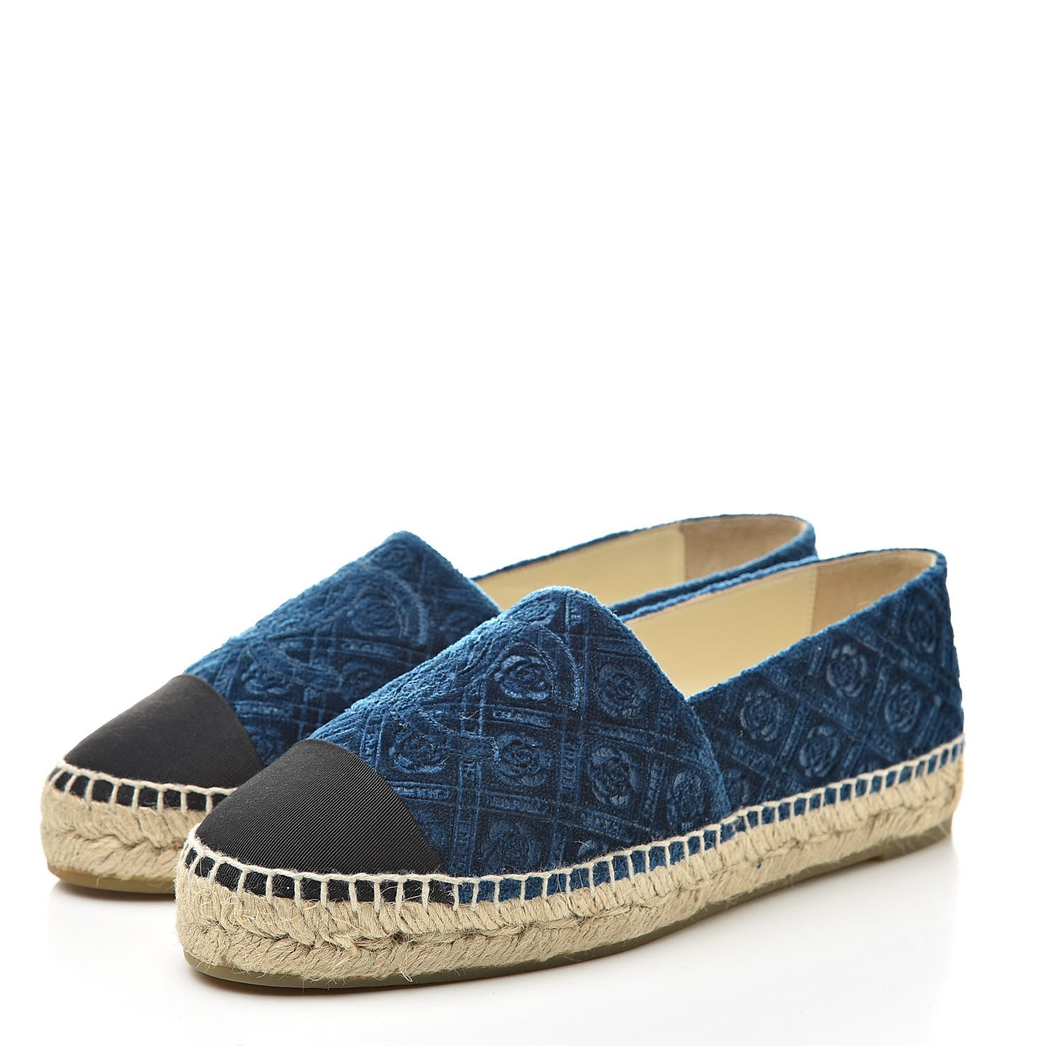 Chanel Velvet Grosgrain Quilted Camellia CC Espadrilles 37 Navy Black 3 of 10