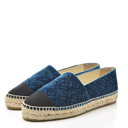 Chanel Velvet Grosgrain Quilted Camellia CC Espadrilles 37 Navy Black 3 of 10