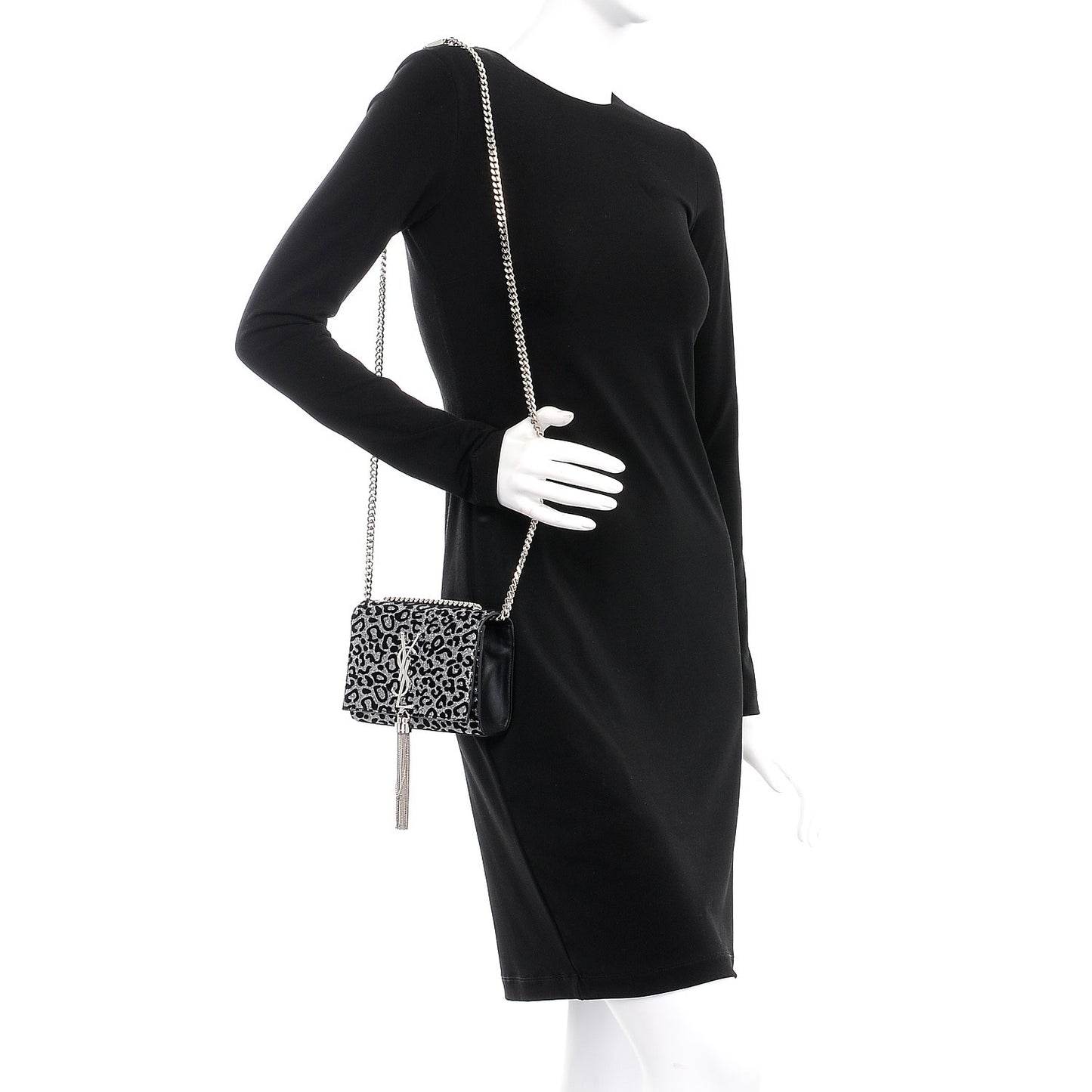 Glitter Leopard Small Monogram Kate Tassel Satchel Platine Black
