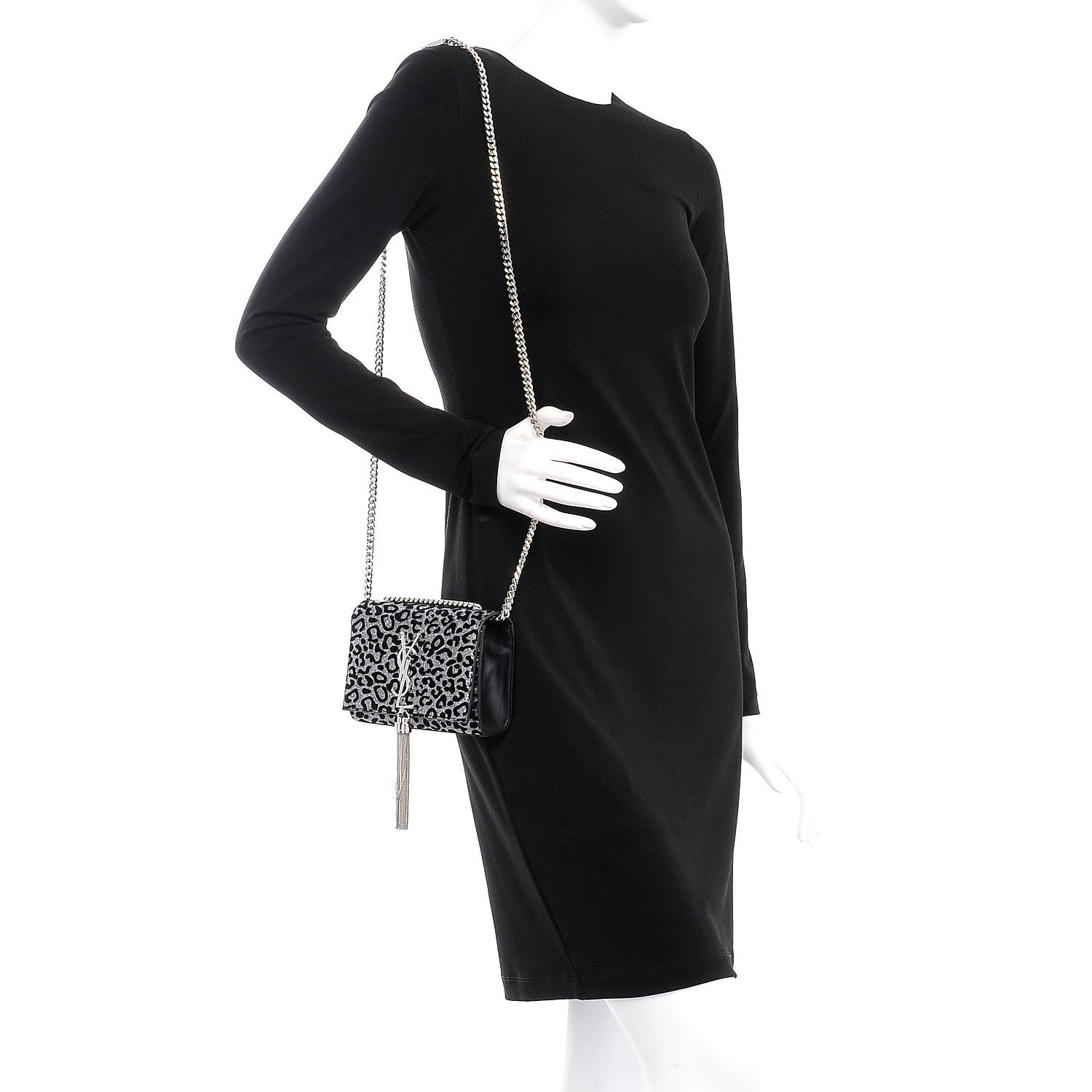 Saint Laurent Glitter Leopard Small Monogram Kate Tassel Satchel Platine Black 2 of 9