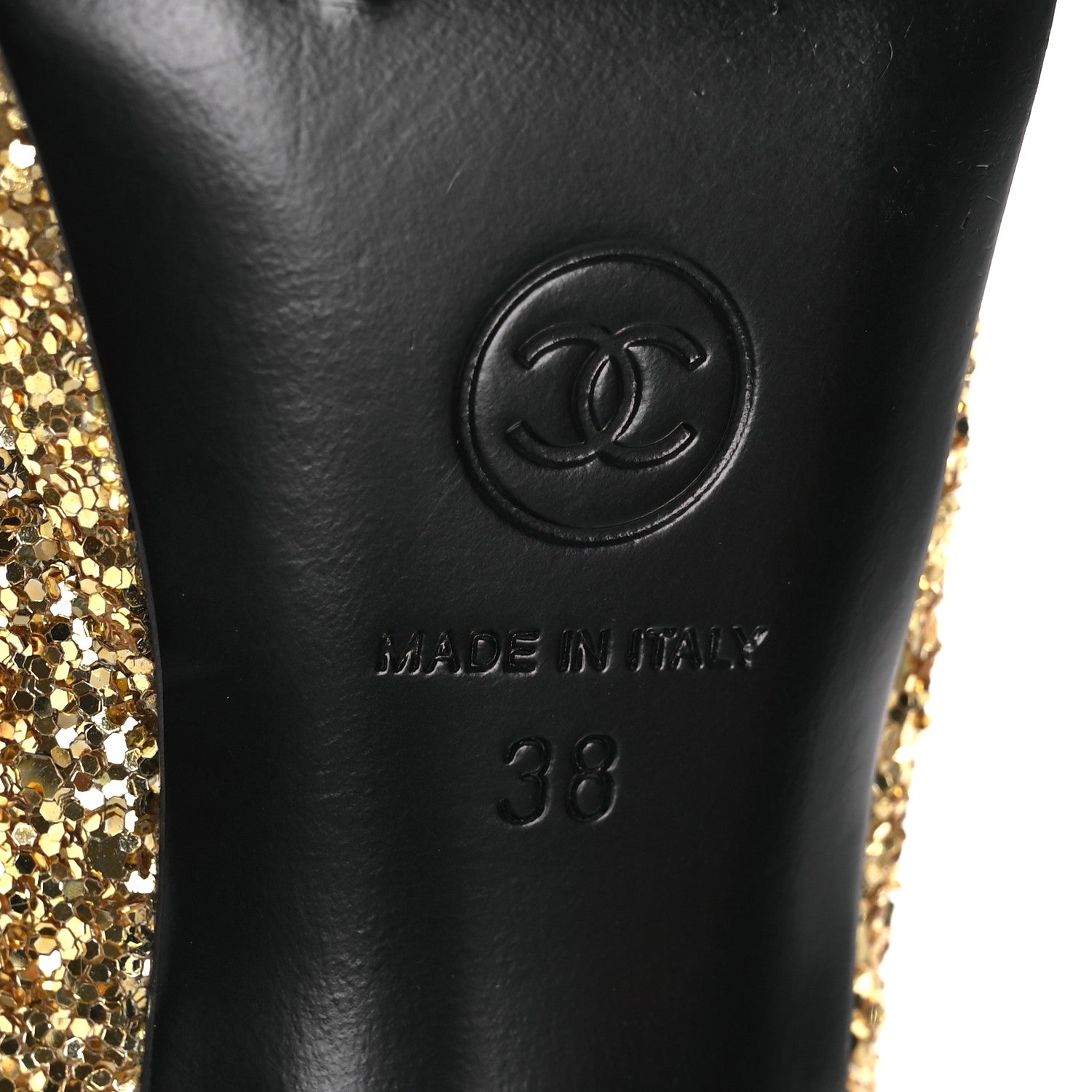 Chanel Glitter Grosgrain Cap Toe CC Slingback Pumps 38 Gold Black 8 of 13