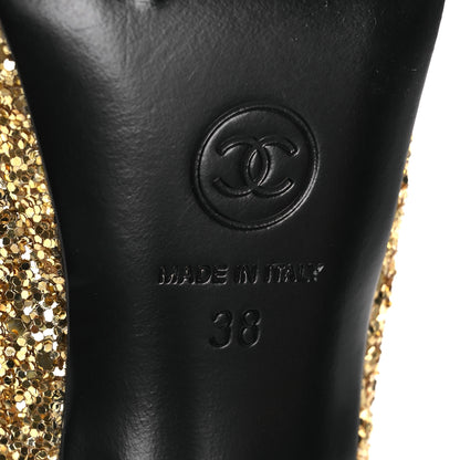 Chanel Glitter Grosgrain Cap Toe CC Slingback Pumps 38 Gold Black 8 of 13