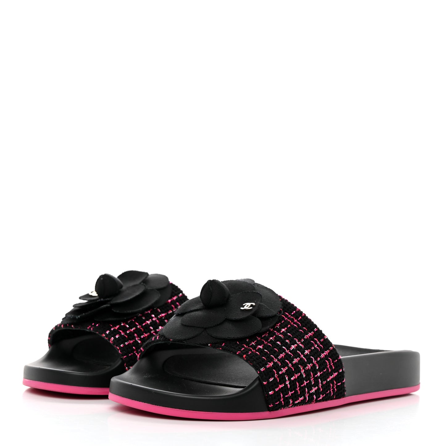 Tweed Grosgrain Camellia CC Flat Mules 35 Black Pink