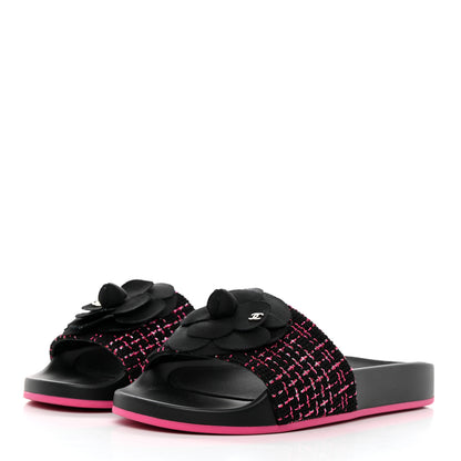 Chanel Tweed Grosgrain Camellia CC Flat Mules 35 Black Pink 3 of 8