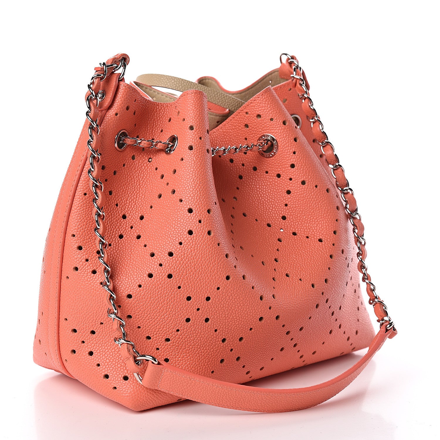 Chanel Caviar Perforated Drawstring CC Bag Coral Beige 4 of 12