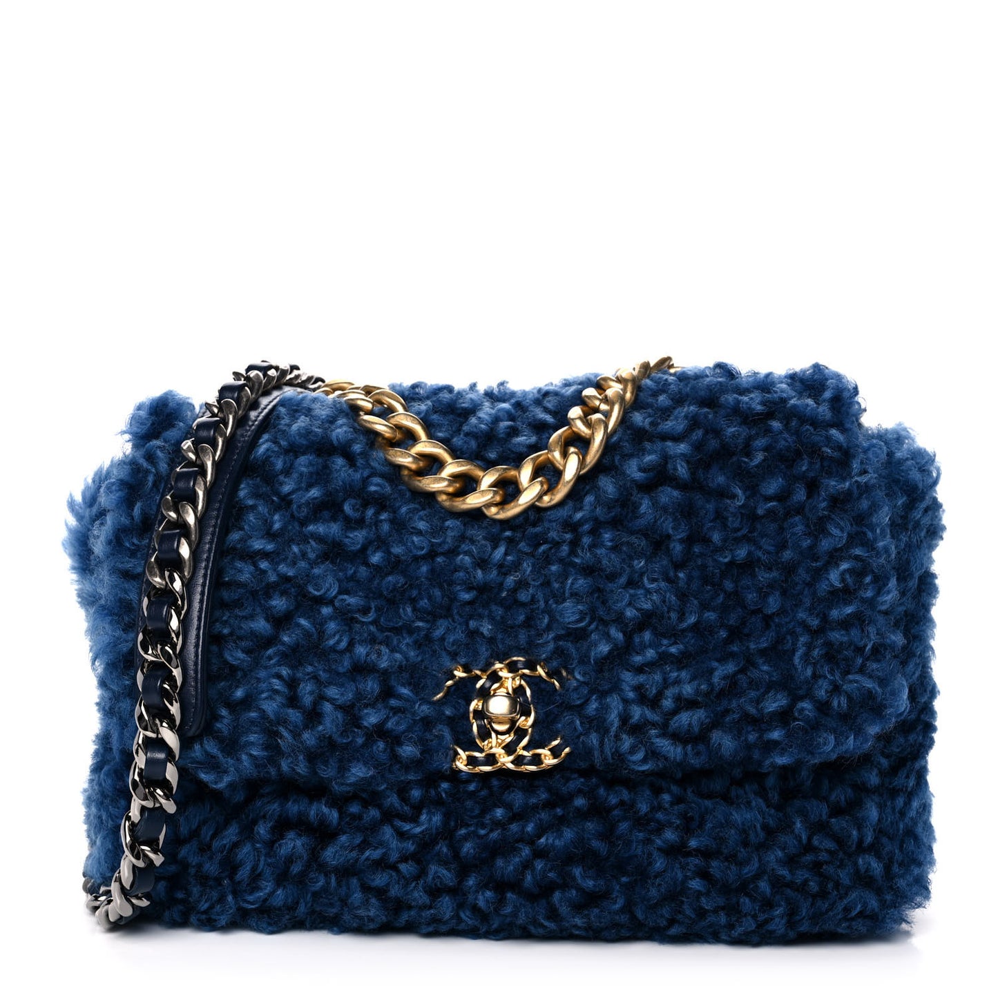 Shearling Sheepskin Large Chanel 19 Flap Blue