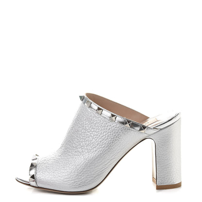 Valentino Garavani Metallic Pebbled Calfskin Rockstud High Heel Slide Sandals 37 Silver 1 of 10
