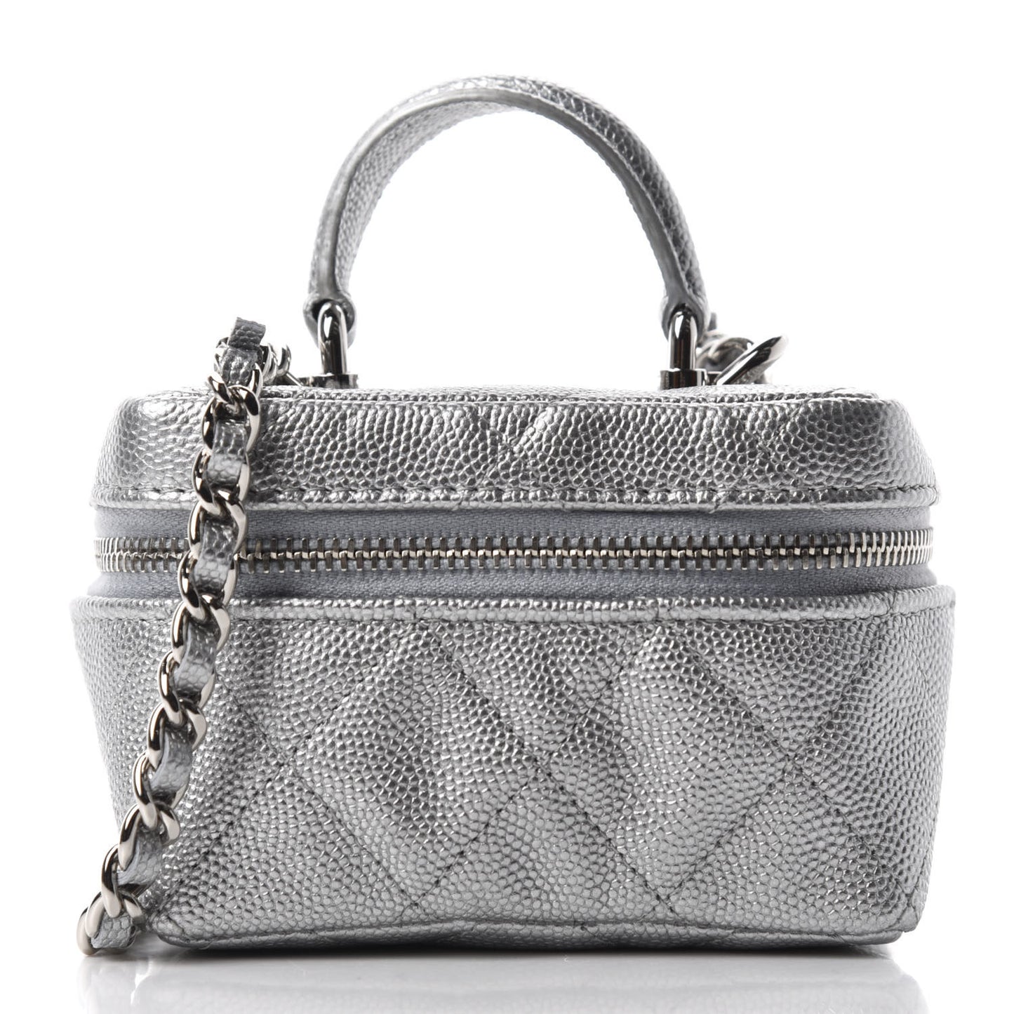 Metallic Caviar Quilted Mini Top Handle Vanity With Chain Silver
