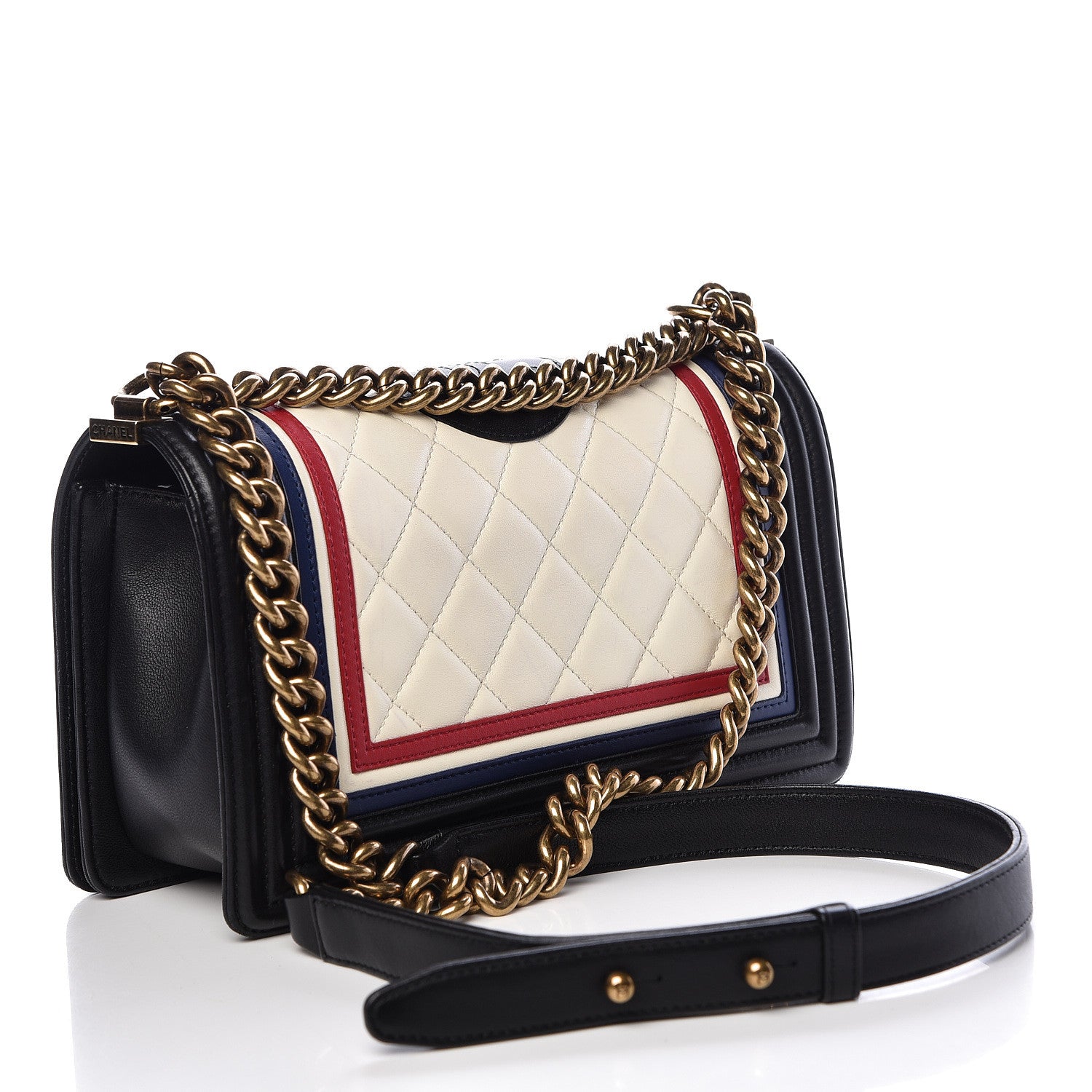 Chanel Lambskin Quilted Crest Embellished Medium Boy Flap Black White Blue 3 of 15
