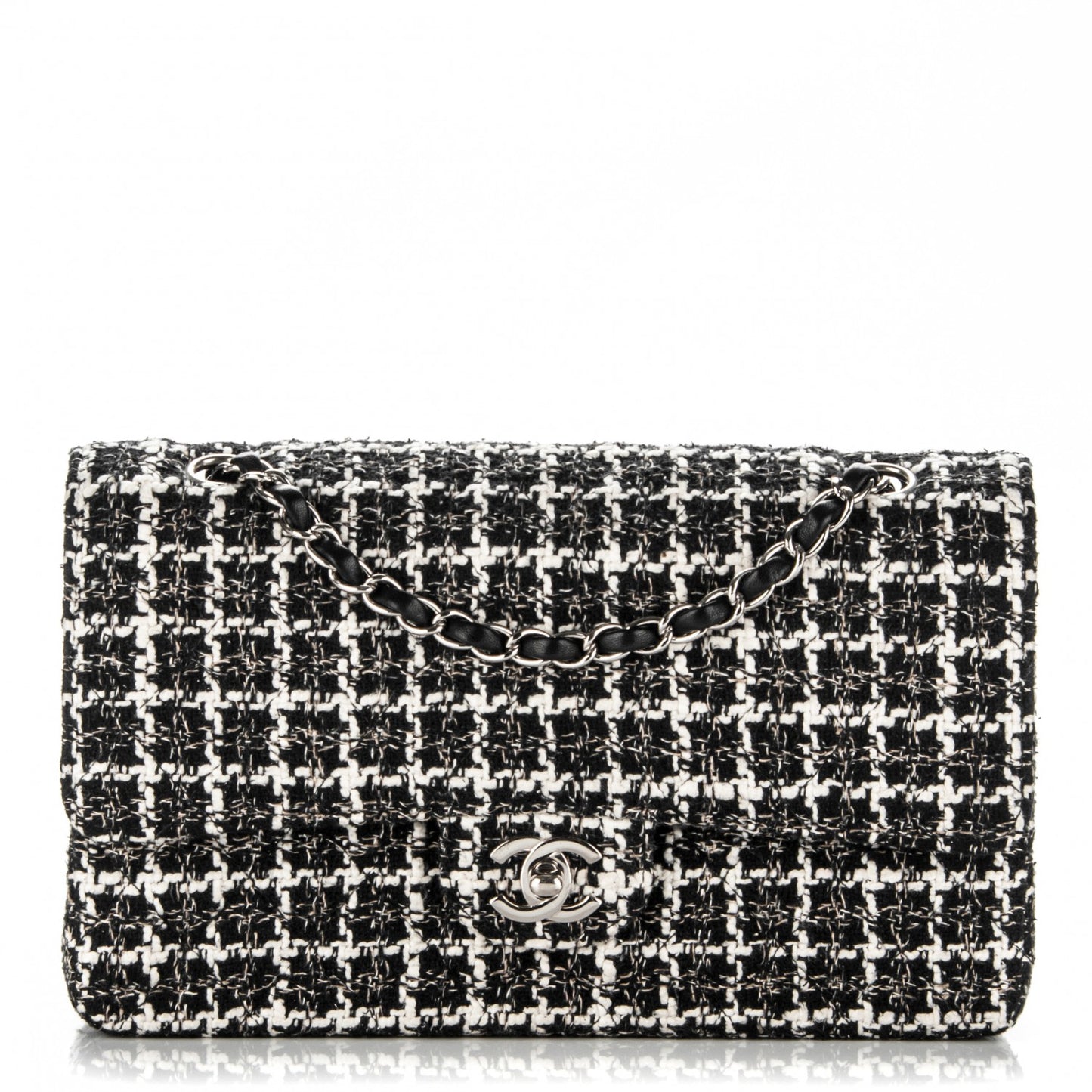Tweed Quilted Medium Double Flap Black White