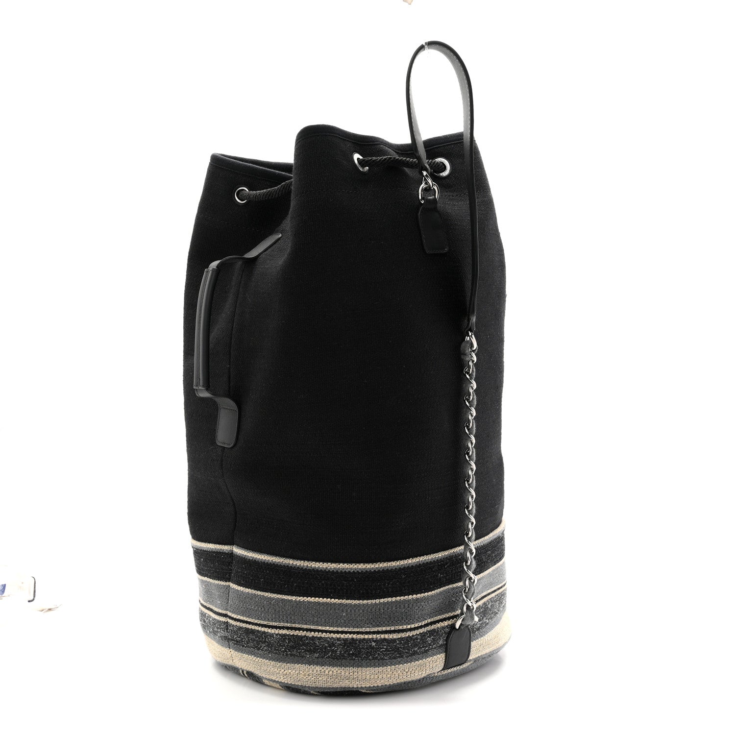 Chanel Striped Canvas Deauville Drawstring Backpack Black 5 of 19