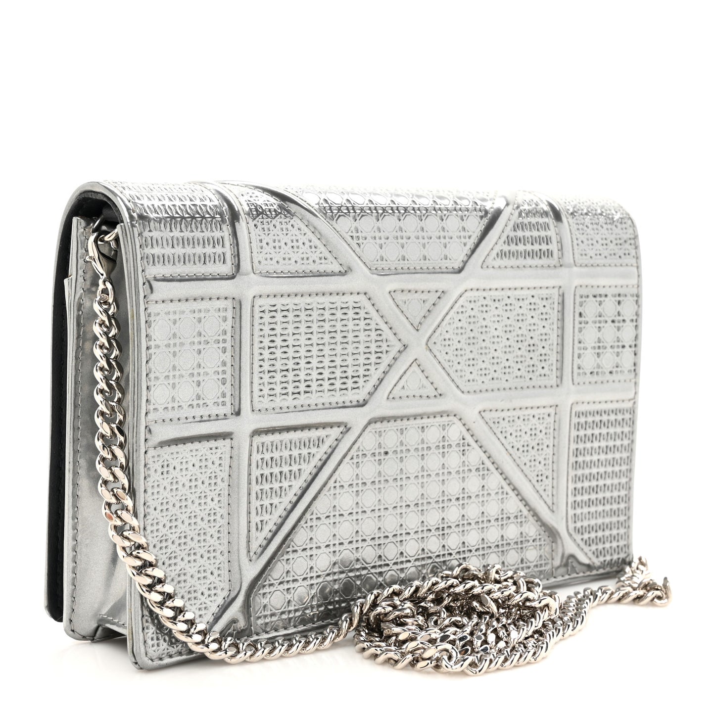 Metallic Patent Micro-Cannage Diorama Wallet on Chain Pouch Silver