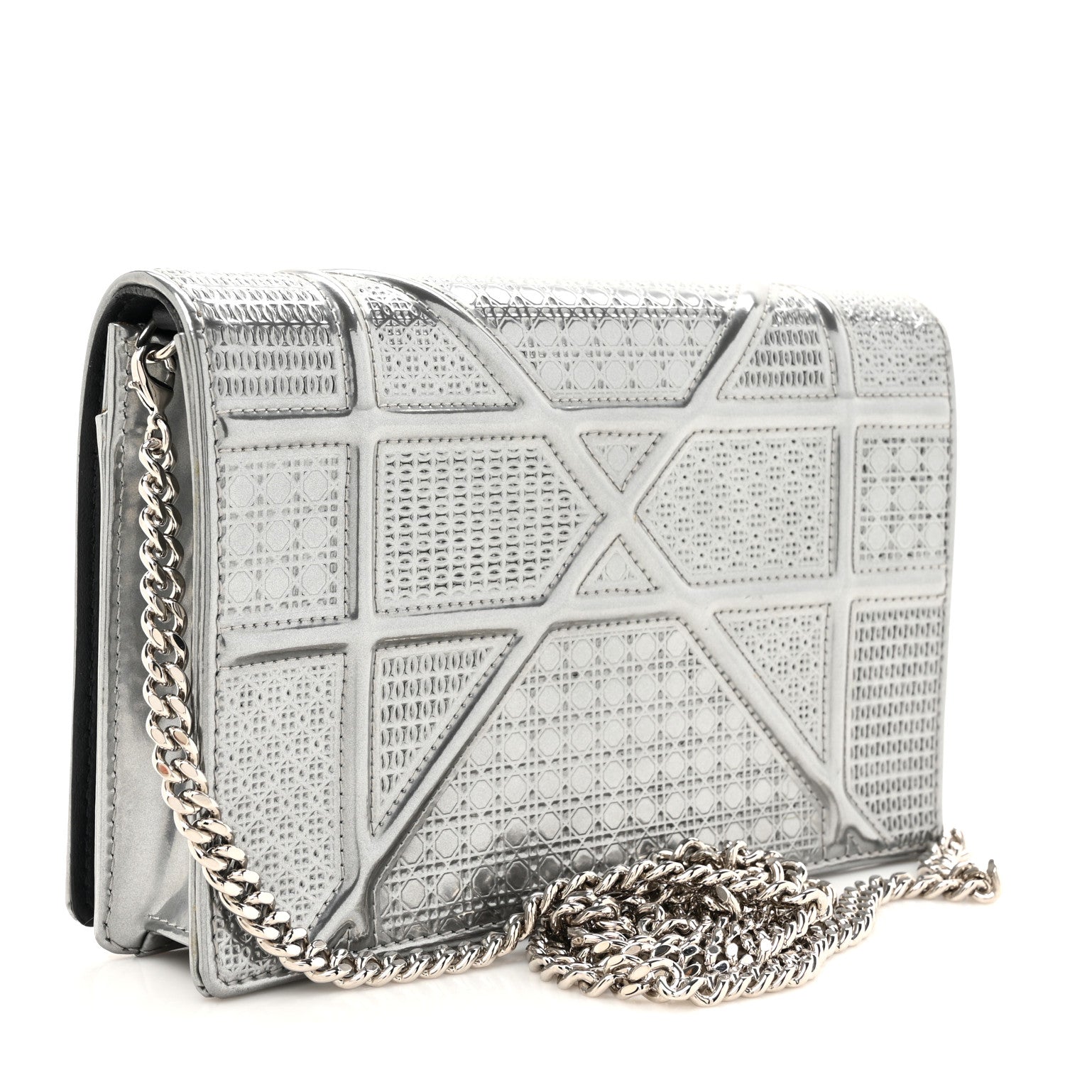 Christian Dior Metallic Patent Micro-Cannage Diorama Wallet on Chain Pouch Silver 3 of 13