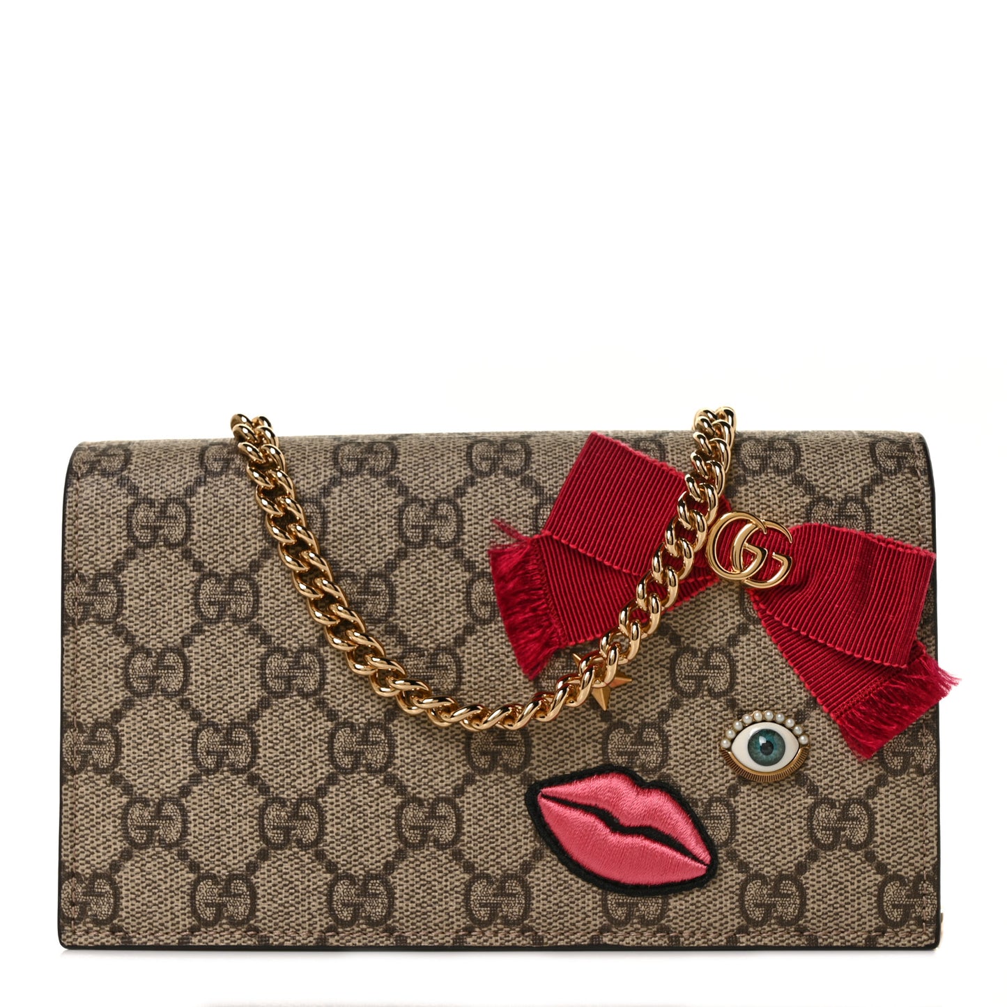 GG Supreme Monogram Face Embroidered Chain Wallet Pink