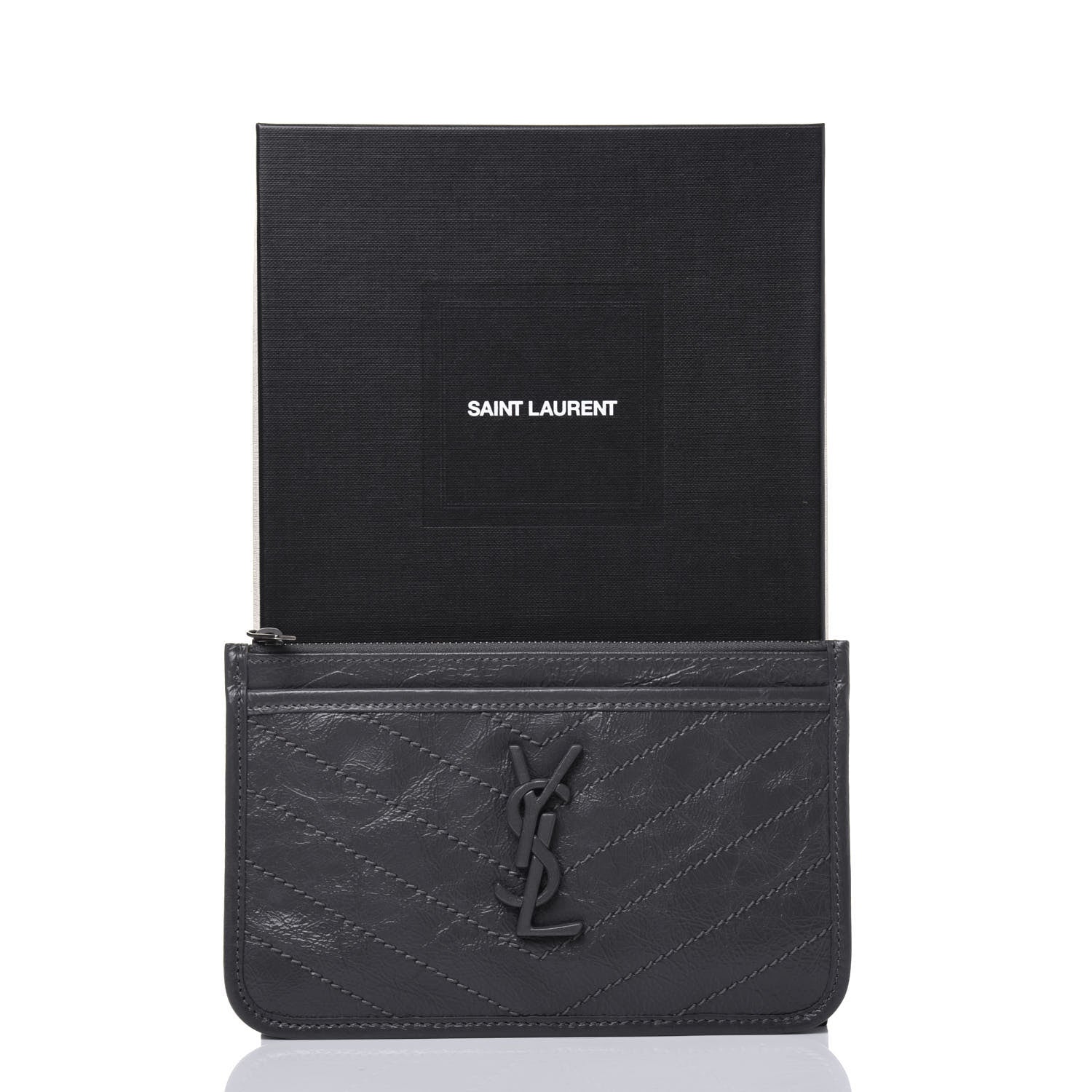 Saint Laurent Crinkled Calfskin Matelasse Monogram Niki Bill Pouch Storm 13 of 13