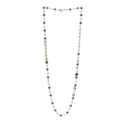 Chanel Pearl Papyrus Long Necklace Gold Pearly White Grey 3 of 4