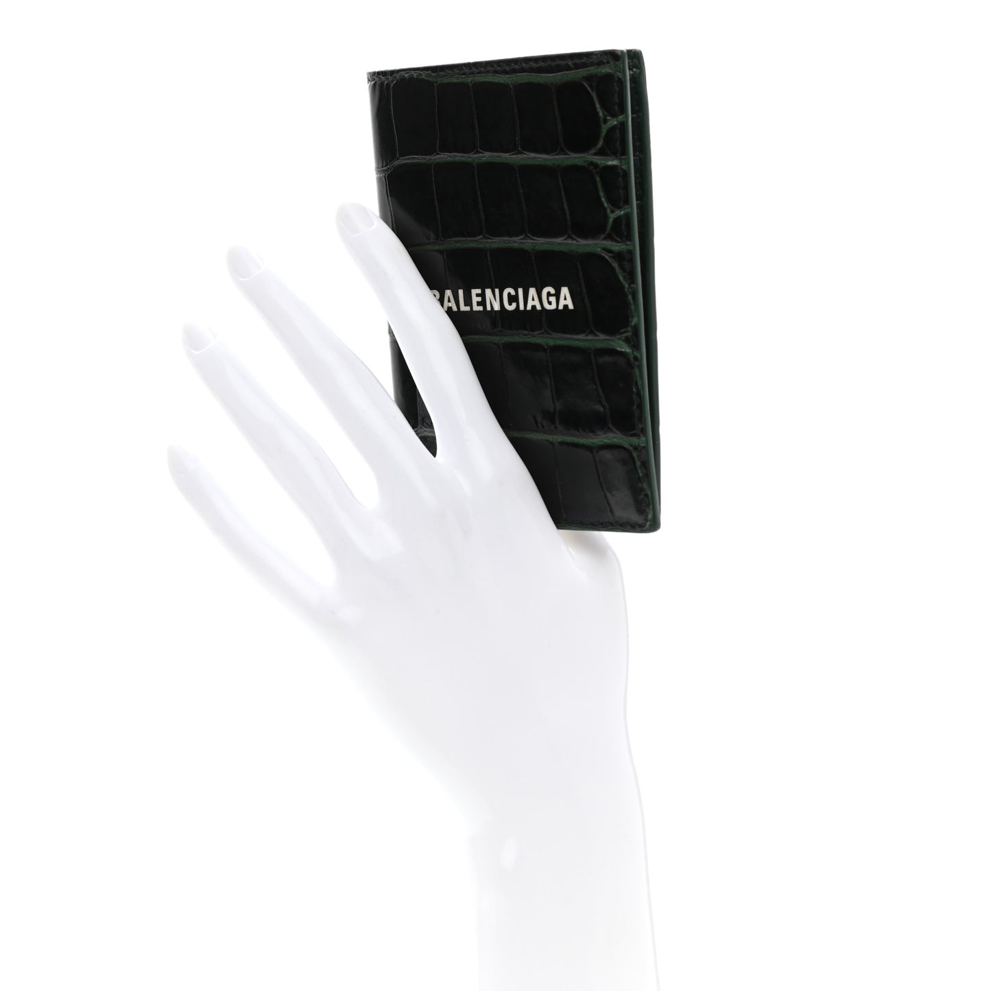 Semi Matte Calfskin Crocodile Embossed Logo Cash Vertical Card Case Dark Green White