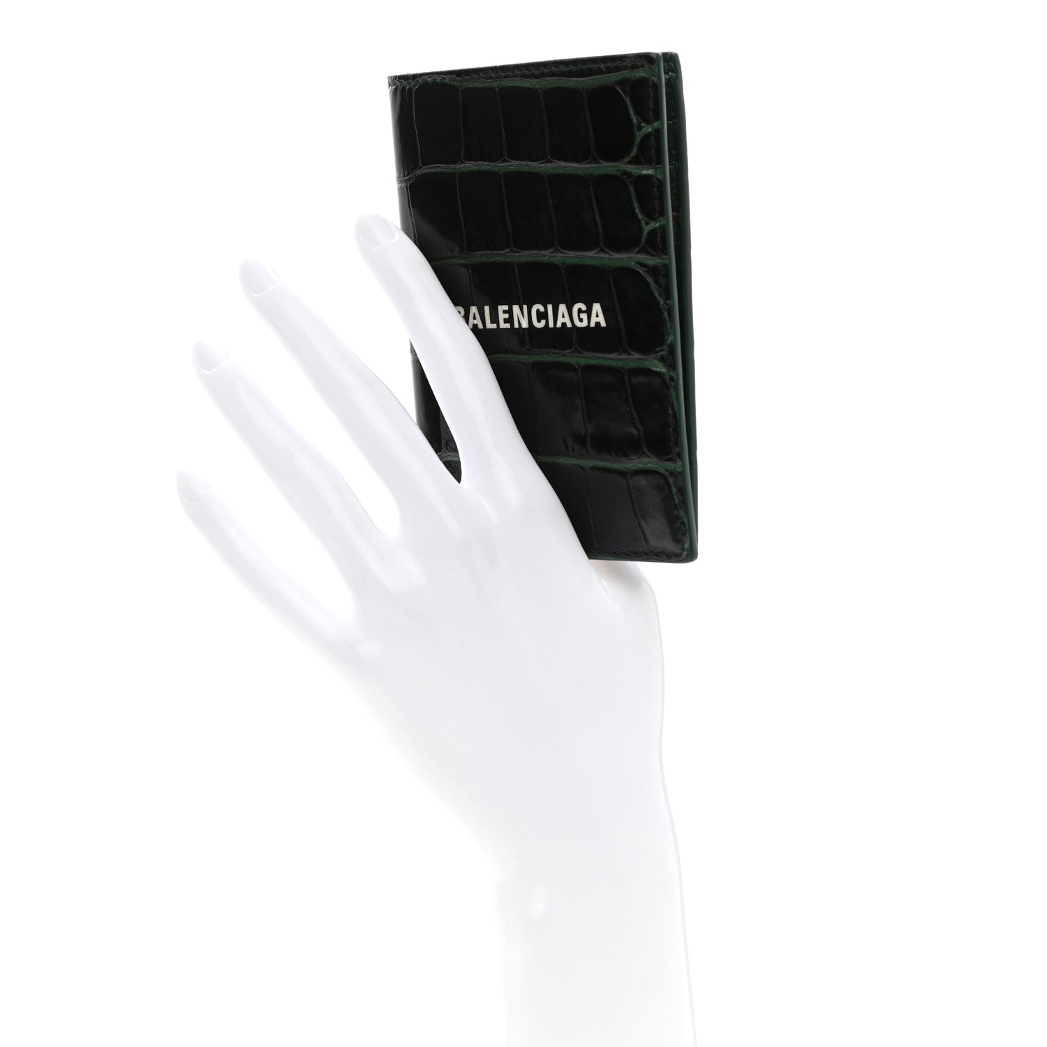 Balenciaga Semi Matte Calfskin Crocodile Embossed Logo Cash Vertical Card Case Dark Green White 2 of 9
