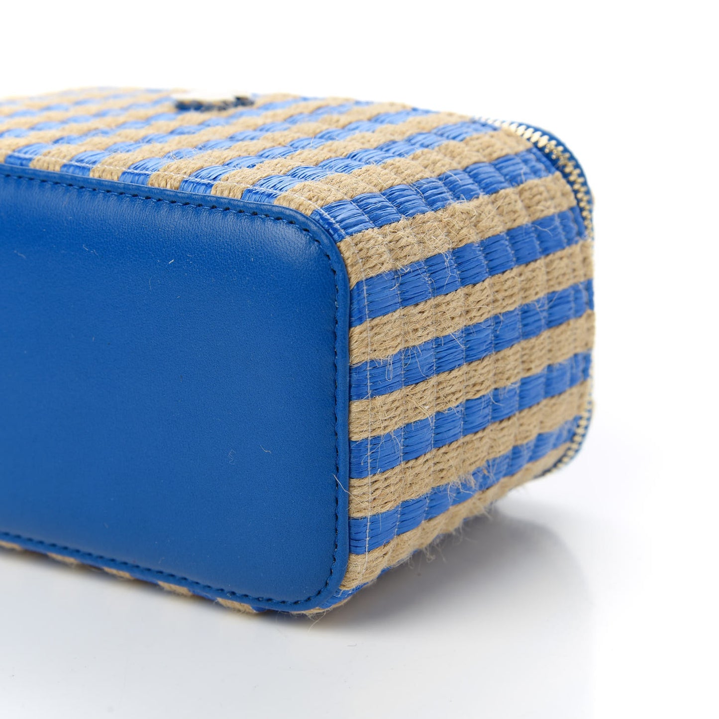 Raffia Jute Striped Small Vanity Case With Chain Blue Beige