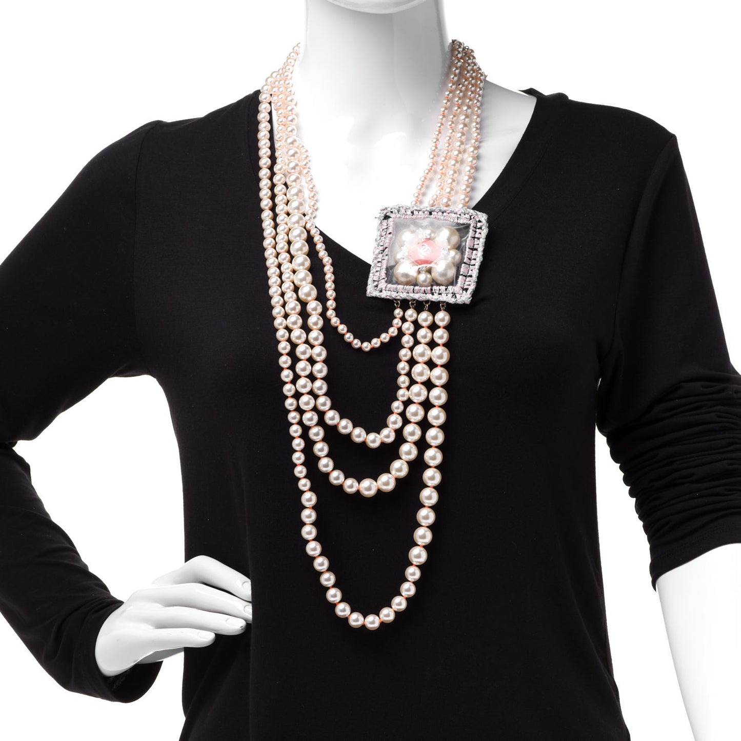 Pearl Crystal Gripoix CC Multi Strand Necklace Orange Multicolor