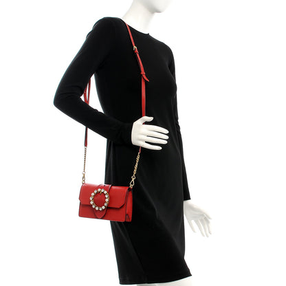 Miu Miu Goatskin Madras Soft Calf Crystal Pearl Embellished Shoulder Bag Fuoco 2 of 8