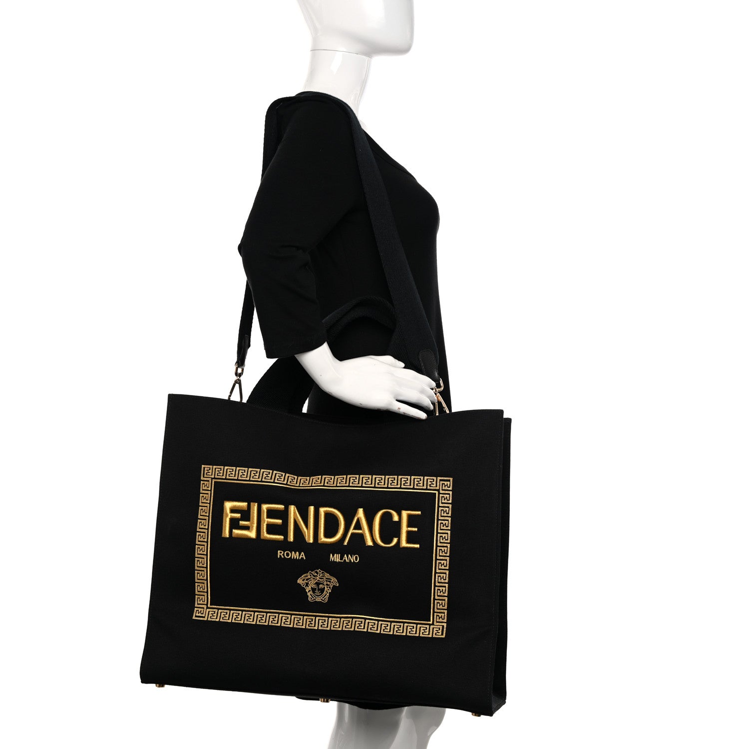 Fendi X VERSACE Canvas Fendace Logo Large Shopping Tote Black 2 of 9