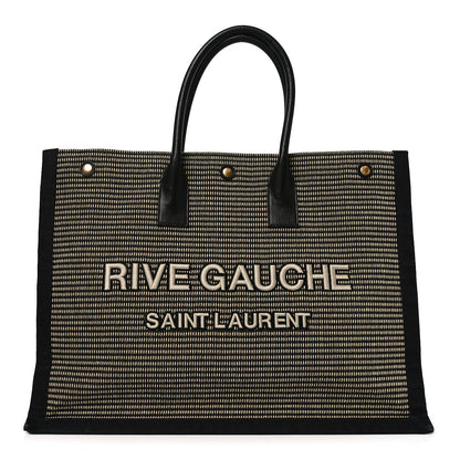 Saint Laurent Embroidered Cotton Linen Rive Gauche Noe Tote Black Beige 1 of 9