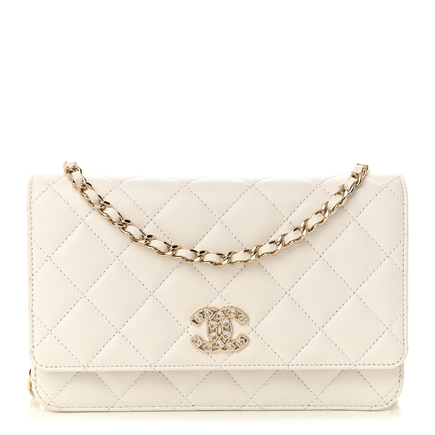 Caviar Quilted Crystal Heart CC Wallet On Chain WOC White
