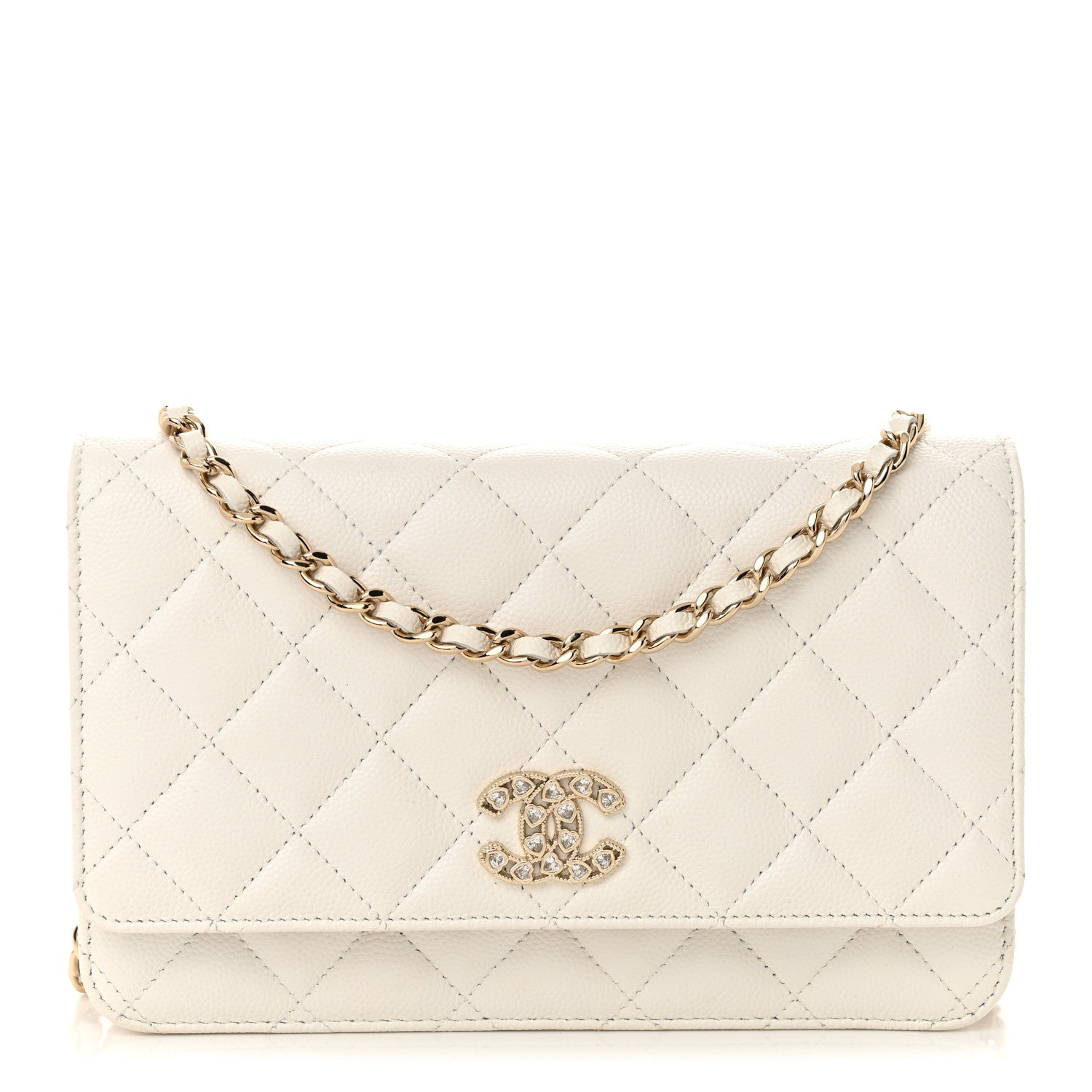 Chanel Caviar Quilted Crystal Heart CC Wallet On Chain WOC White 1 of 12
