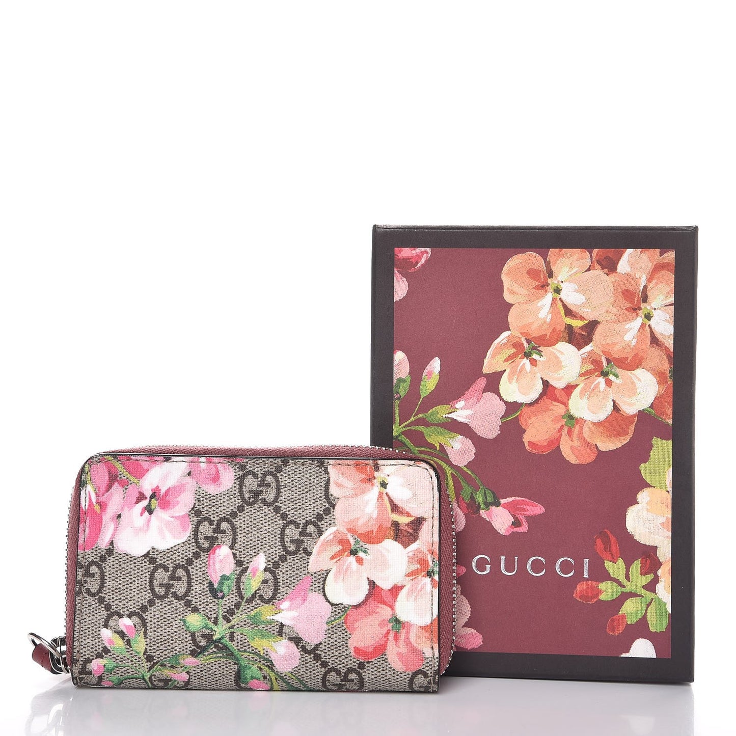 GG Supreme Monogram Blooms Zip Around Card Case Wallet Beige Multicolor Dry Rose