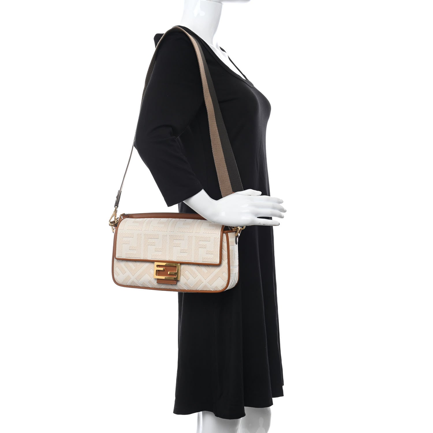 Fendi Canvas Vitello King Bi-Color Strap FF Embroidered Baguette Grezzo Brandy Cuoio 2 of 7