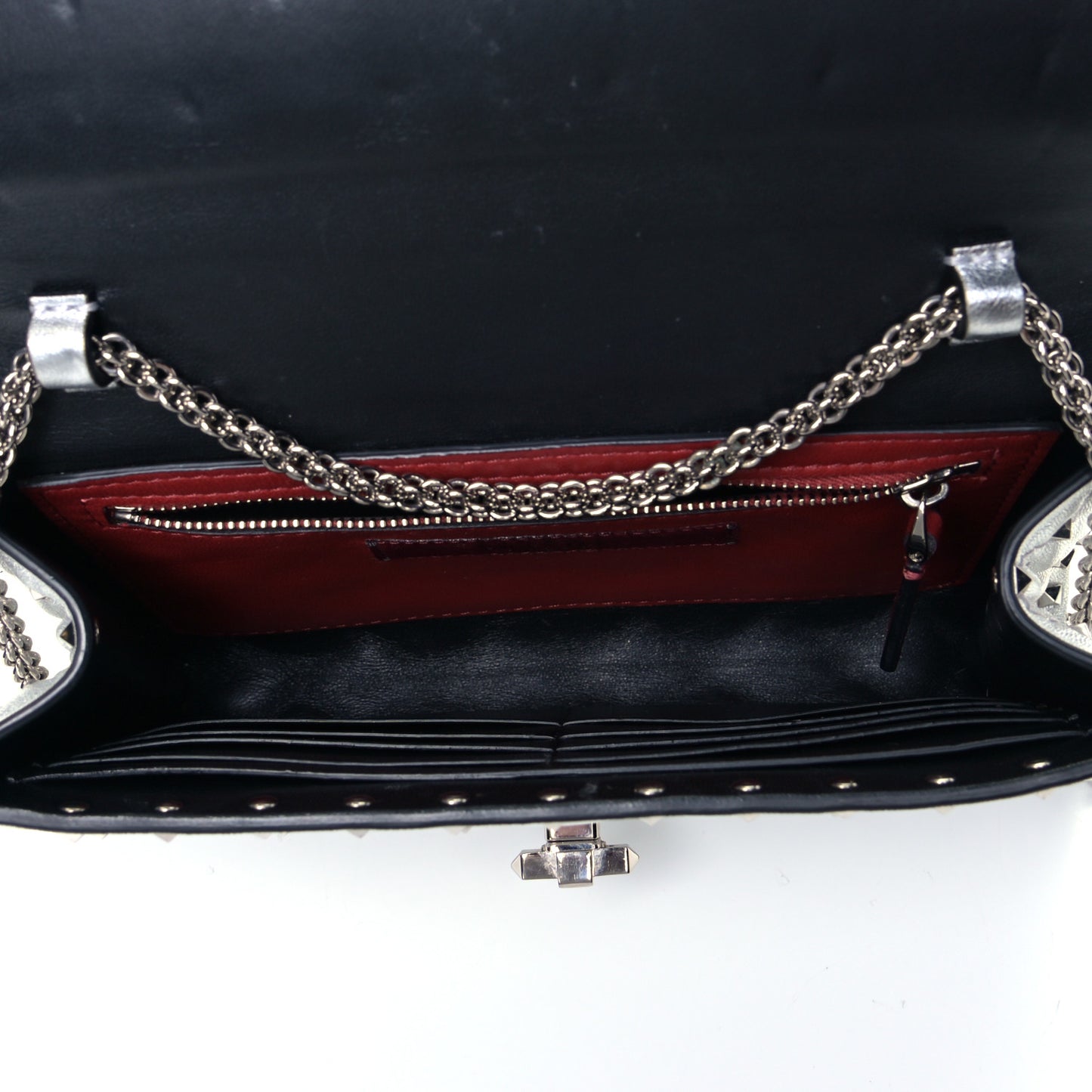 Metallic Lambskin Rockstud Spike Wallet on Chain Silver