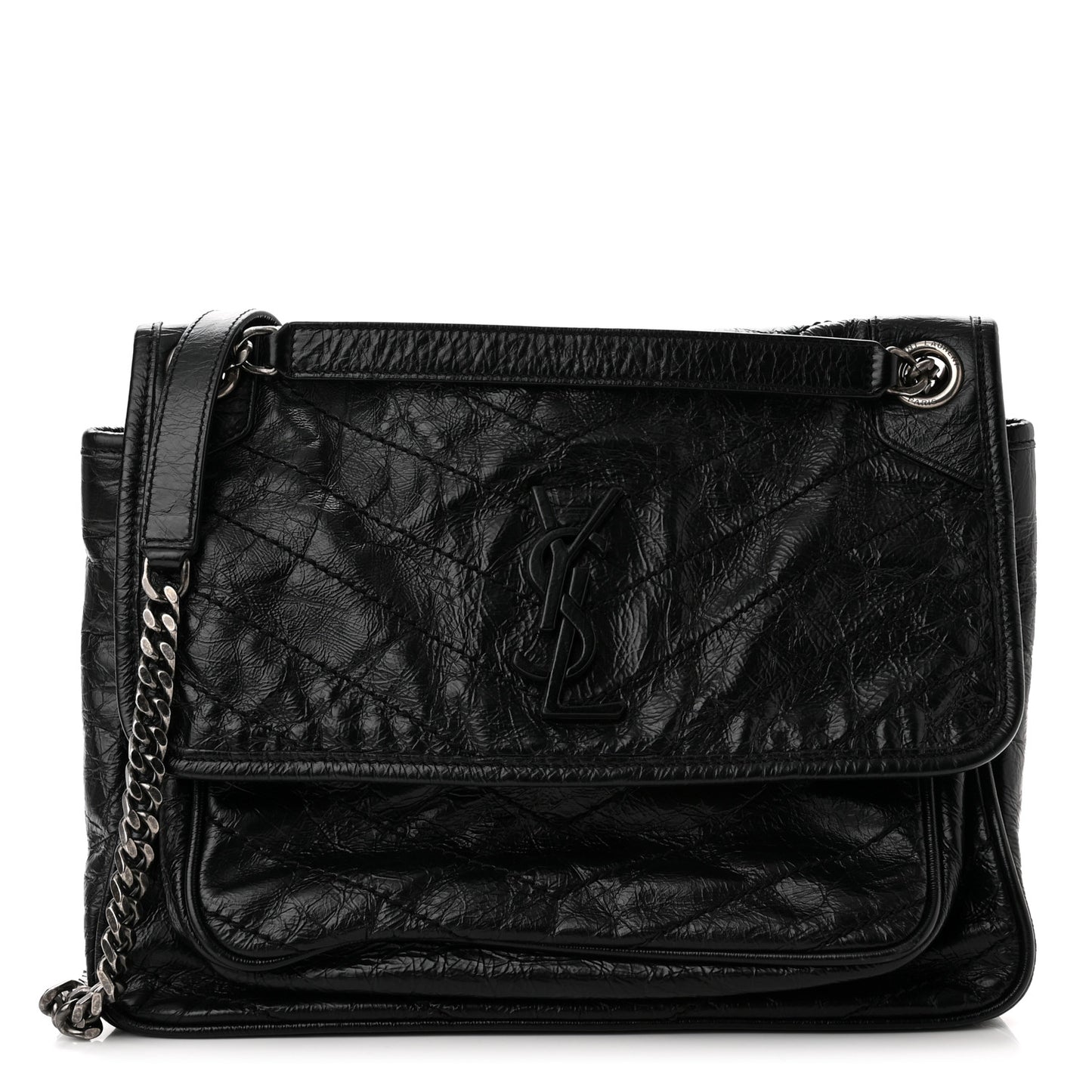 Crinkled Calfskin Matelasse Monogram Medium Niki Chain Satchel Black