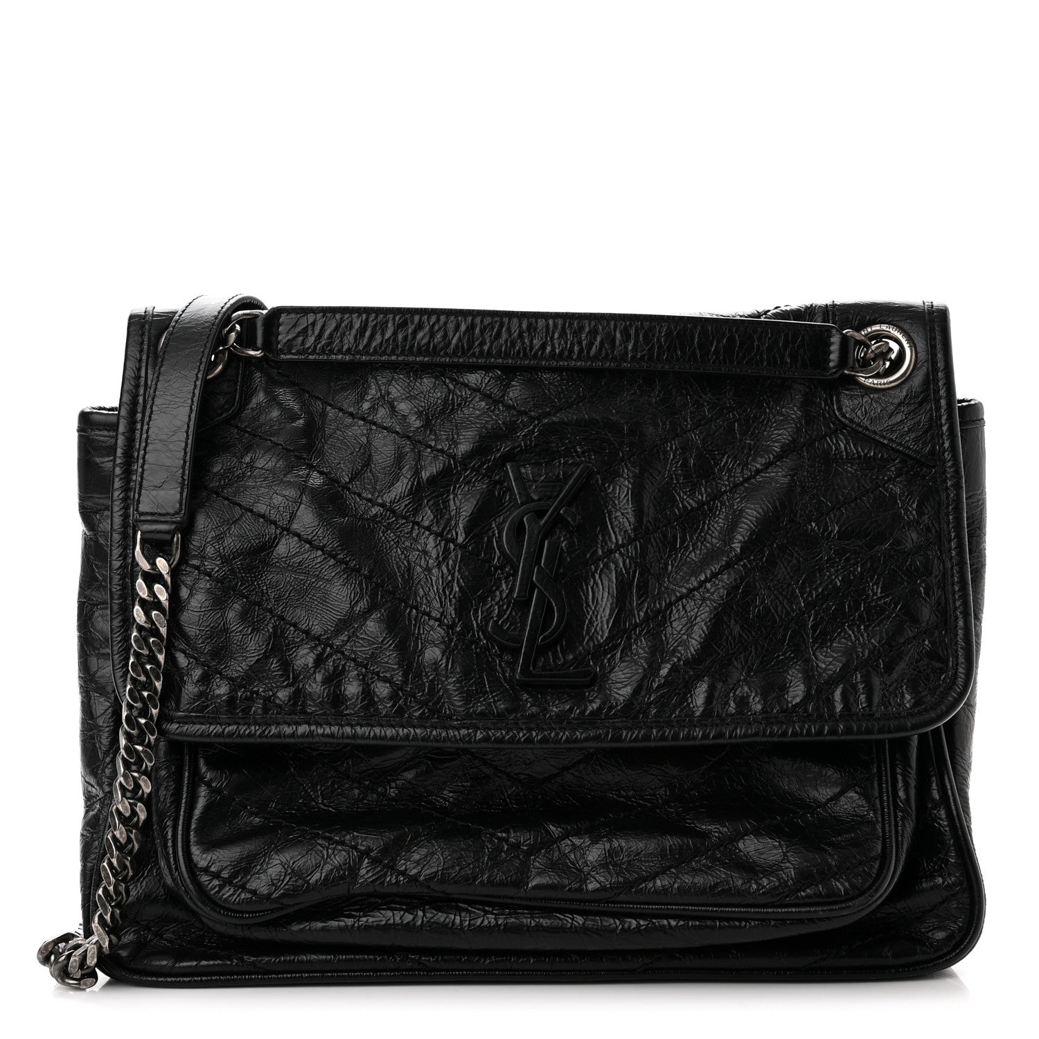 Saint Laurent Crinkled Calfskin Matelasse Monogram Medium Niki Chain Satchel Black 1 of 9